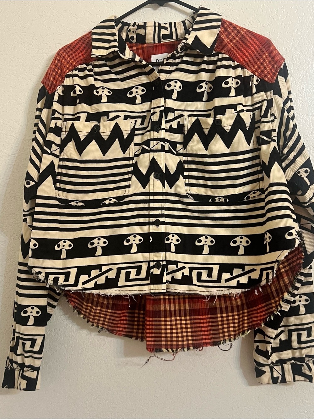 BDG mushroom Striped Graphic Button-Up Shirt natural boho prairie boxy geometric - Picture 10 of 10